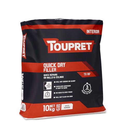 Toupret Quick Dry Filler - One‑Coat Interior Powder Filler, No Shrink or Slump, Ready to Paint in 3 Hours - Easy Mix & Sand - Smooth White Wall & Ceiling Repair - 10kg
