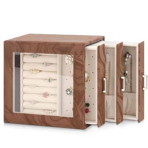 DesignSter Small Jewelry Box Organizer Case w/ 3 Side Drawers & Transparent Display Window (Brown) - image 1