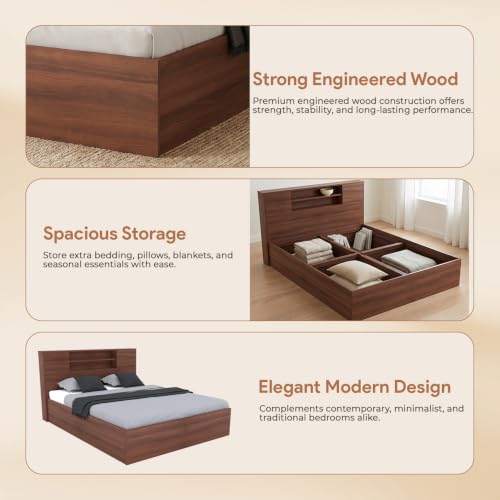 Image of FURNIFLIX Engineered Wood King Size Bed with Storage | Wooden Double Bed Cot Palang Furniture for Bedroom & Living Room (Walnut Finish) | 1 Year Warranty