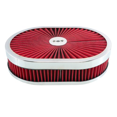 RYANSTAR RACING 12" x 2" Oval Air Filter Assembly Kit Includes Flow-Thru Lid Washable Air Filter Element Compatible with Chevy Ford GMC Red