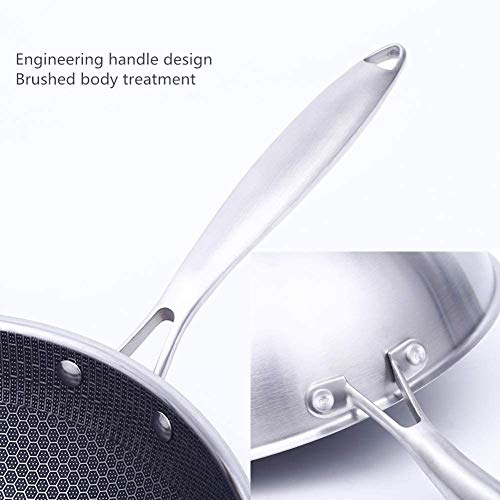 ZLASS Stainless Steel Wok, round bottom non-stick honeycomb wok with anti-scalding handle, suitable for family restaurant cooking pots on all stoves, 32cm/12.5in