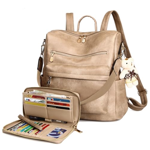 Image of Soperwillton Women Backpack Purse Shoulder Handbags Travel Bag Set 2pcs | Soft PU Leather,Large Capacity,Many Pockets,with a Functional Wallet,with a Detachable Shoulder Strap,Multipurpose Design