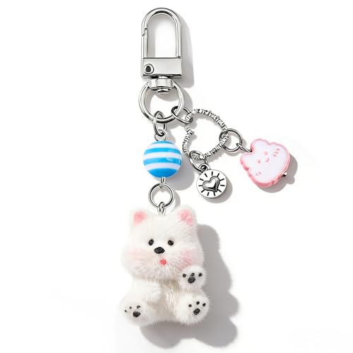 Sugchairo Cute 3D Puppy Dog Keychain Flocking Plush Keyring Stuffed Animal Keychains Bag Charm for Backpack Purse Car Key Chain for Women Accessories Gifts for Women Teen Girls