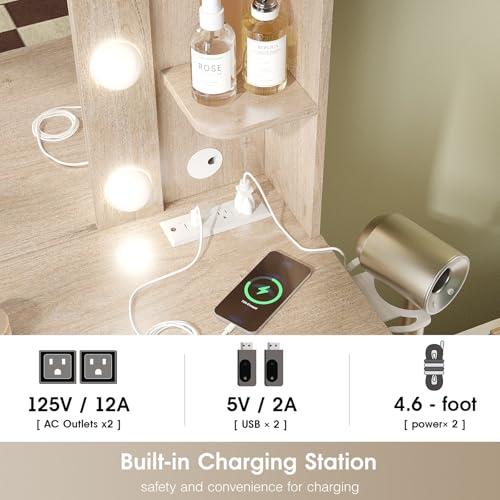 Image of Vabches Vanity Desk with Mirror and Lights,Makeup Vanity Table with Charging Station,2 Drawer Bedroom Dressing Table with 3 Colors Modes Dimming & Cushioned Stool,Natural Oak