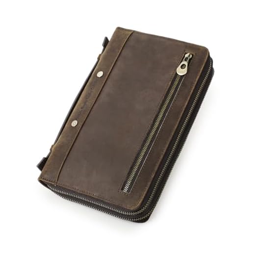 CONTACTS Carteira Longa Masculina em Couro Legítimo – Bolsa de Mão com Alça, Bolsa Clutch com 16 Porta-Cartões, 2 Bolsos para Celular e Cédulas, Grande Capacidade, Proteção RFID, Luxo –Marrom