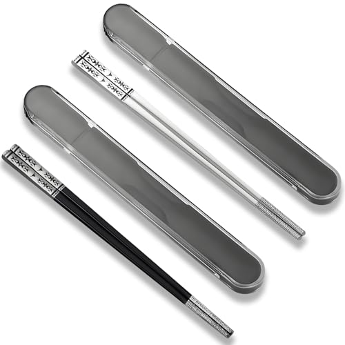Metal Chopsticks Reusable with case,Stainless Steel,2 Pairs,Black Silvery
