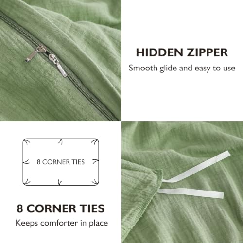Image of EMME Muslin Cotton Duvet Cover Set King Size Linen Like Soft Breathable Lightweight Summer Comforter Cover Set with Zipper Closure (Sage Green, King)