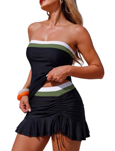 Image of ZAFUL Colorblock Bandeau Tankini Swimsuits for Women 2 Piece Tummy Control Bathing Suit Drawstring Ruffle Swim Skort