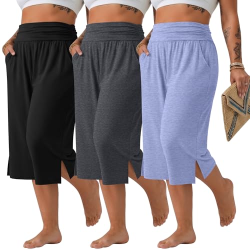 Neer 3 Pack Women's Plus Size Cotton Capri Pants High Waisted Wide Leg Loose Lounge Yoga Cropped Sweatpants with Pockets