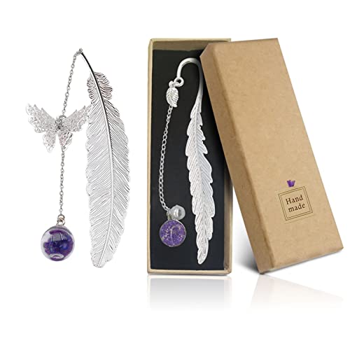 Woyejo Metall Feder Lesezeichen, 2Pcs Lesezeichen Metall Set mit Anhänger, für Geburtstags Geschenk, Buchliebhaber, Leser, Lehrer, Frauen, Mutter, Freunde, Studenten(Kraftpapier Geschenkbox) Cover