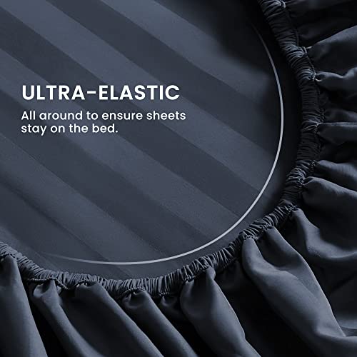 SLEEP ZONE Striped Cooling Sheets Set King Size - Fitted Flat Sheet & Pillowcase Sets 4 Piece - Super Soft Stripe Bed Sheet, Easy Care, Deep Pocket (Navy Blue, King)