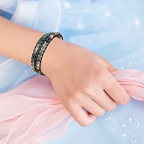 Ayriwoyi Beaded Wrap Bracelets For Women Indian Agate Bracelet Natural Moss Agate Bracelet Leather Wrap Bracelet For Women Boho Adjustable Handmade Gift #TOP1