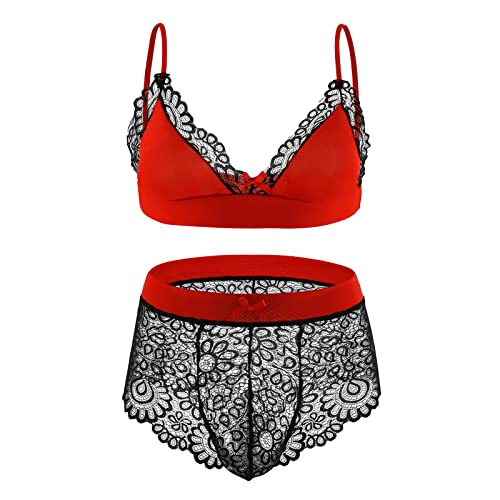 FreeNFond Men's Lingerie Sissy Lace Bra Panties Set with Bowknots Stockings 3Pcs Crossdressers Nightwear2