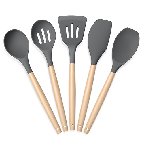 Onader Kitchen Utensils Set, 5 Piece Silicone Cooking Utensils with Wooden Handle, Non-Stick Spatula Spoon Turner Safe for Cookware, Non-Toxic & Heat Proof, Dark Grey