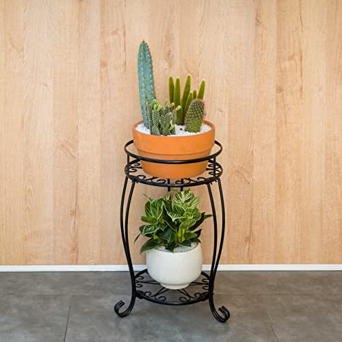 Faithland Plant Stand, Heavy Duty Metal Planter Holder Indoor Outdoor, 2 Tier Round Potted Supports Rack, Corner Display Shelf Black #TOP2
