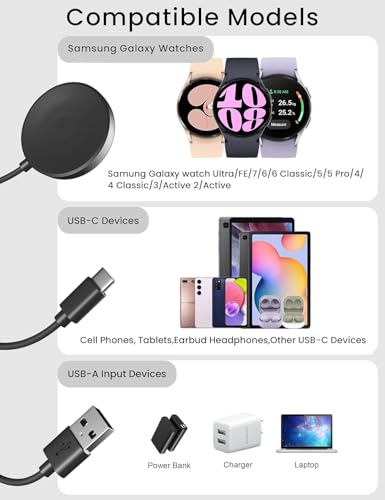 Bicmice Multi Charging Cable Fit for Samsung Galaxy Watch 7/6/6 Classic/5/5 Pro/4/4 Classic/3/Active 2/Active,2 in 1 Charger Cable with USB-C for Phone Tablet Earphone Multiple Devices - Thumbnail 2