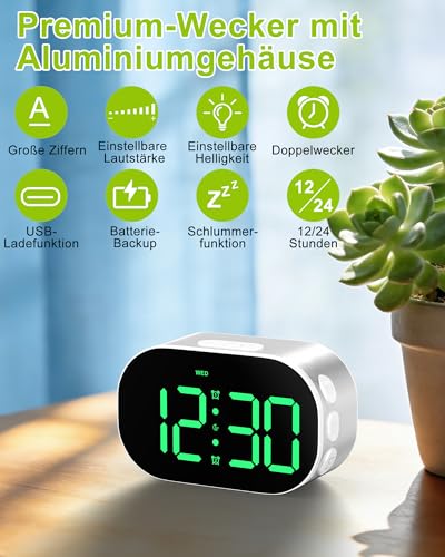 Ayybboo Wecker Digital mit Großen Zahlen,Helligkeit Lautstärke Regelbar,Snooze,Countdown,12/24h,USB Batteriebetrieb für Schlafzimmer Nachttisch Reise (Silber)