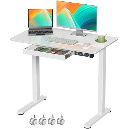 Adjustable Glass Standing Desk with Drawer and Wheels