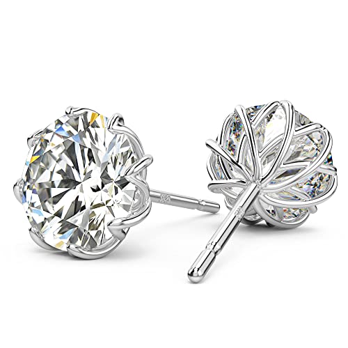 18K White Gold Plated Round Cut Simulated Diamond Stud Earrings for Women Men, 925 Sterling Silver 8 Prong Pure Round Cubic Zirconia Earrings Hypoallergenic Flower Earring Studs 0.5CT - 1CT