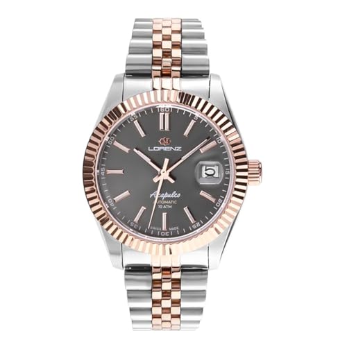 Cinturino in acciaio con inserti in IP Rose Gold e chiusura deployante. Datario con giorno del mese a ore 3 con lente.