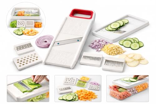 Image of 6 in 1 Vegetable Slicer & Grater - Professional Mandoline Cutter with Interchangeable Blades | Kitchen Tool for Potato, Onion, Carrot, Cucumber | Trending Multipurpose Chopper| (Green,Red)