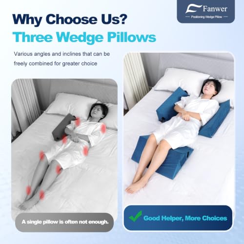 Image of Fanwer Positioning Wedge Pillow for Side Sleeping (3 in 1),19.69 inch,Lake Blue | 40 Degree Triangle Bed Wedges & Body Positioners for Back Pain,Preventing Bedsores,After Surgery,Knees Elevated,Pregnancy