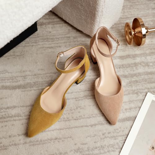 Mettesally Women's Low Block Heels Chunky Heel Closed Pointed Toe D'Orsay Pumps Ankle Strap Heeled Party Dress Shoes3