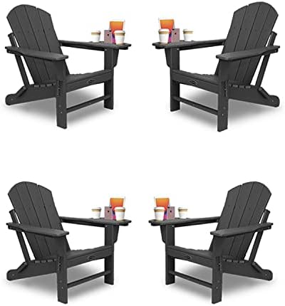FOOWIN Adirondack Chair Set of 4, Lounge Chair w/4 in 1 Cup Holder Trays, Folding Patio Chairs Weather Resistant, Fire Pit Chair for Deck, Garden, Backyard & Lawn Furniture (Set of 4, Black)