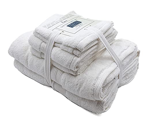 Linteum Textile 6 Piece Bath Towel Set, Includes 2 Bath Towels, 2 Hand Towels & 2 Washcloths 100% Cotton, Zero Twist 16 Single Ring Spun - (White) #TOP2