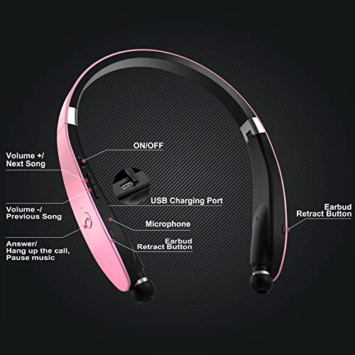 Image of Foldable Bluetooth Headphones, Wireless Neckband with Retractable Earbuds, Stereo Noise Cancelling Headphones with Carrying Case for Sports and Exercise (Gold)