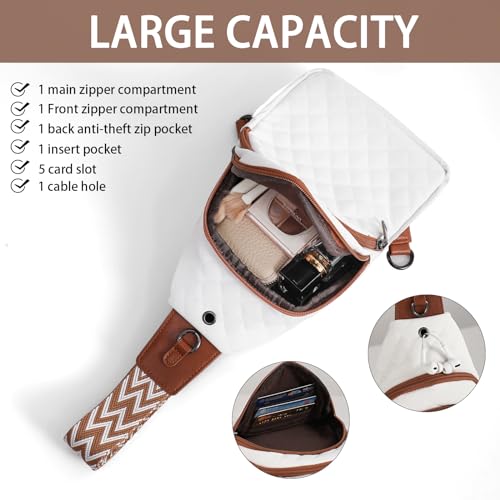 EMBRUNIOICE Sling Bag for Women Crossbody Purse, Vegan leather Crossbody Fanny Pack with Guitar Strap, Quilted Trendy Chest Bag for Women Travel(Cream with Brown)