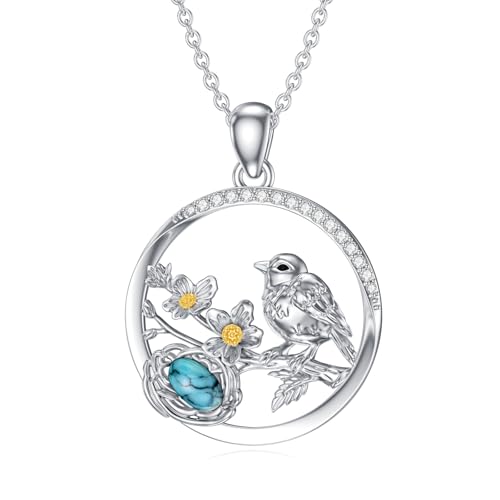 BETHZA Robin Bird Necklace 925 Sterling Silver Natural Turquoise Gemstone Robin Nest and Egg Pendant Jewelry Gifts for Women