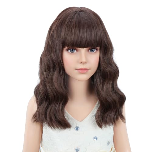 Image of PATTNIUM Kids Short Brown Wig Girls Mixed Brown Short Curly Wavy Wig Chocolate Brown Synthetic Children Wigs Cosplay Costume Party with Wigs Cap