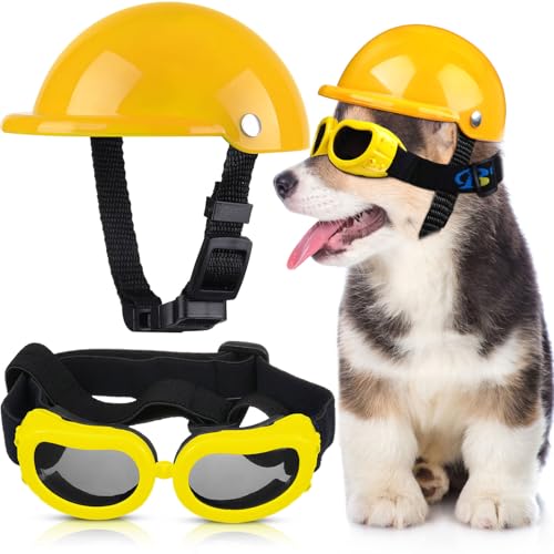 Ensemble Casque et Lunettes de Soleil pour Chien - Casque de Moto rembourré de 10,2 cm, Chapeau de sécurité avec Ceinture réglable pour Petits Animaux de...