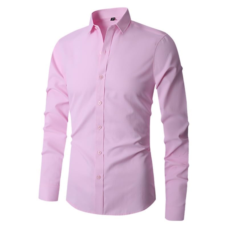 Camisa elástica de manga larga para hombre, sin planchado, con solapa, color liso, con botones, rosa, XL