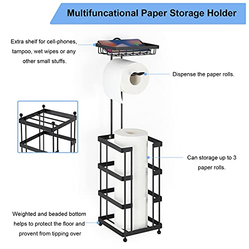 Toilet Paper Holder Stand Freestanding Paper Roll Dispenser With Shelf Toilet Tissue Holder For Bathroom Storage Holds Phone/Mega Rolls (Black) #TOP4