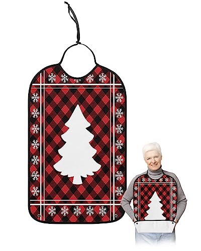 Christmas Tree Adult Bibs for Eating, Waterproof Bibs with Food Catcher & Adjustable Snap Closure, Red Black Plaid Winter Snowflake Washable Clothing Protectors Adult Bibs for Elderly Women/Men