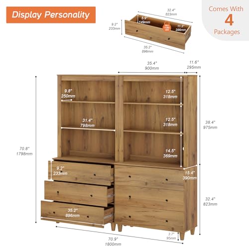 Image of WAMPAT 71 inch Tall Bookcase with 6 Drawers & Open Shelves, 2 Column Modern 3-Tier Bookshelf with Adjustable Shelf, 71 inch Wide Wooden Display Book Shelf for Home Office, Living Room, Bedroom, Oak Brown