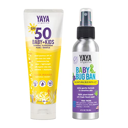 Sun + Bug Protection Bundle for Baby + Kids by YAYA Organics | Reef-friendly SPF 50 Mineral Sunscreen and Deet-free Baby Bug Ban Natural Bug Repellent Spray | Pure and Gentle for Sensitive Skin | 3 oz / 4 oz