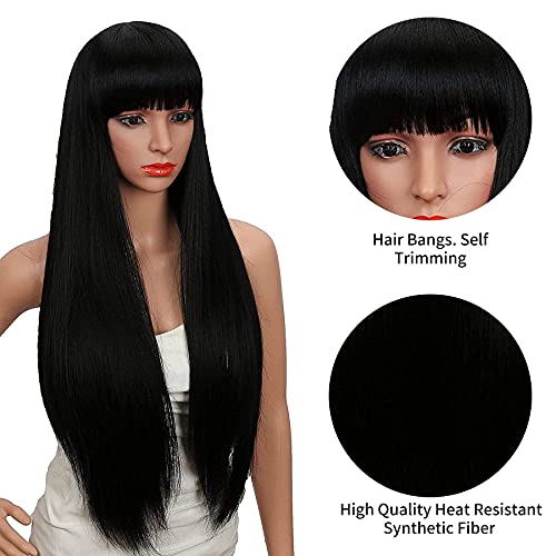 Kalyss 28 Inches Women's Silky Long Straight Black Wig Heat Resistant Synthetic Wig With Bangs Hair Wig For Women #TOP2