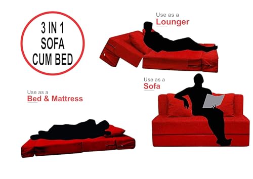 Image of PUM PUM 2-Seater Sofa Cum Bed | EPE Foam Foldable Mattress for Living Room & Guest Use,Maroon