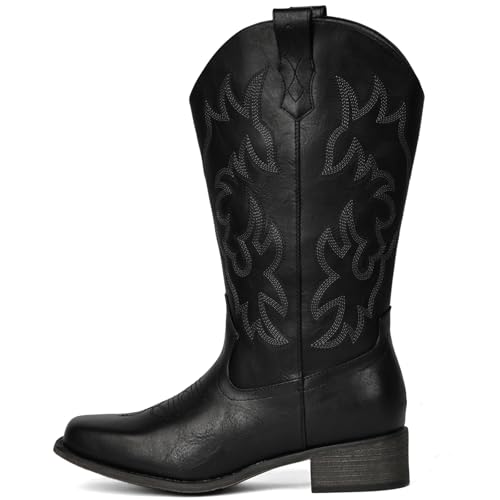 Image of IUV Cowboy Boots For Women Square Toe Wide Mid Calf Western Pull On Suede Fashion Black Brown Cowgirl Boots