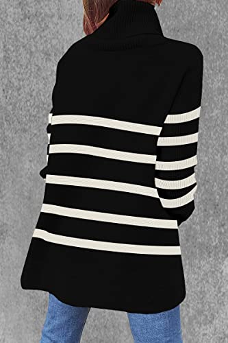 Image of Women's Turtleneck Oversized Sweaters Long Sleeve Split Hem Striped Knit Pullover Tops