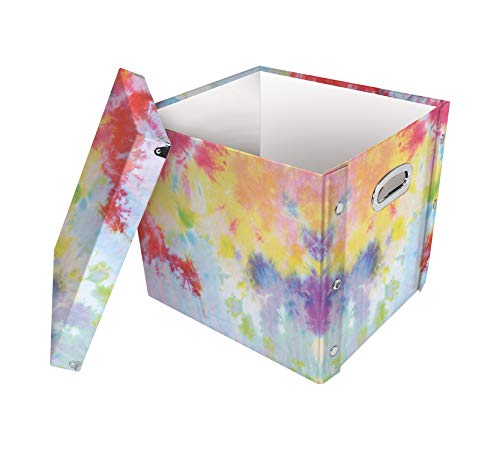 Image of Snap-N-Store 12 In Vinyl Record Box, LP Holder with Lid, Tie Dye | Collapsible crate holds up to 75 vinyl albums, snaps together for easy assembly, stylish shelf display