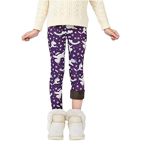 Allmeingeld Colourful painted girls' leggings, fleece-lined winter trousers for 3-12 years, Purple Unicorn, 11-12 Years Cover