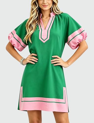 Image of Esmeling Women's Color Block Pullover Dress V-Neck Puff Sleeve Dress Mini Shirt Dress with Pockets
