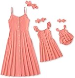 IFFEI Mommy and Me Dresses Matching Set Solid Front Button Family Matching Sleeveless Dresses with Headband and Pockets 2T Cora