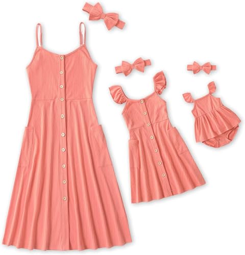 IFFEI Mommy and Me Dresses Matching Set Solid Front Button Family Matching Sleeveless Dresses with Headband and Pockets Women M Cora
