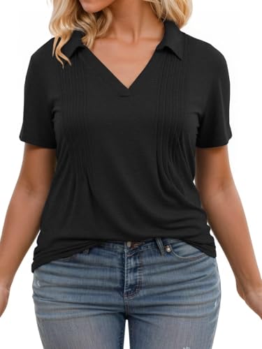Plus-Size-Summer-Tops for Women Casual Collared V Neck Polo Shirts Business Pleated Tunics Trendy Short Sleeve Blouses2