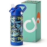 Choco Mocha Kids Water Bottle For School, Kids Insulated Dinosaurs Water Bottle Stainless Steel, Boys Water Bottle 18Oz,Blue